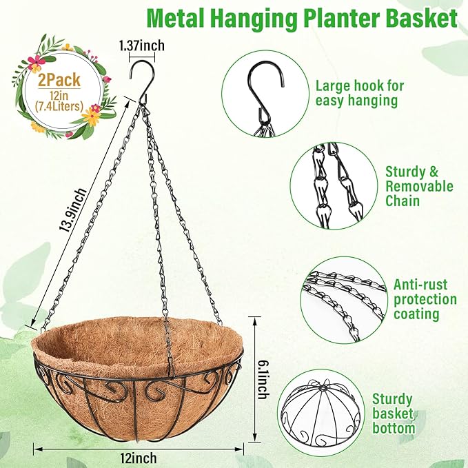 Legigo 2 Pack 12 Inch Metal Hanging Baskets for Plants Outdoor- Round Wire Hanging Planters Basket with Coconut Coir Liner, Hanging Flower Pot for Outdoor Plants Flowers Garden Decorations