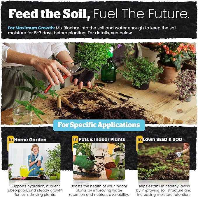 Wakefield Premium Organic Biochar Soil Amendment & Soil Conditioner – Certified Carbon-Negative Nutrient-Locking, Water-Efficient Bio Char for Plants & Lawns - Soil Amendments for Lawn - 2 Quart