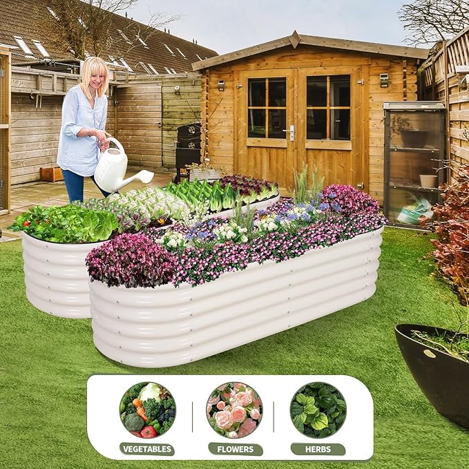 Permade Galvanized Raised Garden Bed - 6x2x1.4FT Metal Planter Boxes Outdoor | Oval Steel Raised Bed Kit for Gardening with Protective Tape, Gloves for Vegetables, Flower, Herb (White)