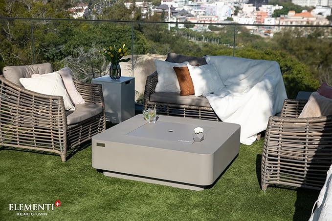 Elementi+ | Bundle Lucerne Gas Fire Pit Cast Concrete 42" Square Fire Table, Outdoor Fire Pit Electronic Ignition | Canvas Cover, Fire Glass and Burner Lid Included | Light Gray | Propane Gas