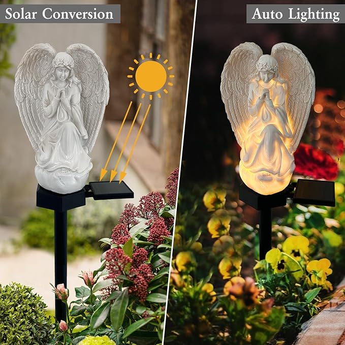 Solar Garden Angel Lights, Waterproof Outdoor Garden Angels Statue Decorations Angel Solar Lights for Cemetery Gravesite Grave Outside Yard Patio Lawn Porch