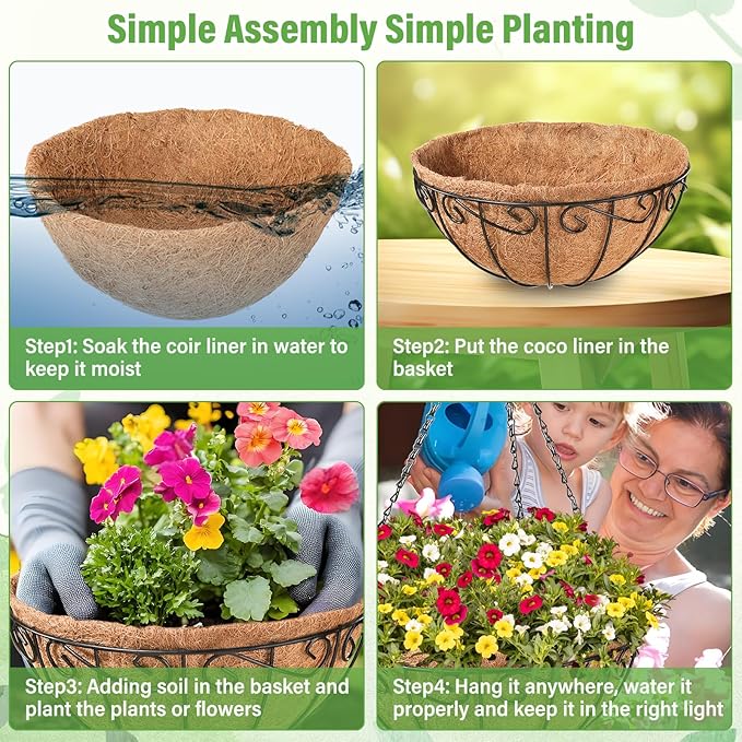 Legigo 2 Pack 14 Inch Hanging Baskets Planters for Outdoor Plants- Metal Round Hanging Baskets with Coconut Coir Liner, Wire Hanging Flower Pots for Outside Garden Porch Decorations