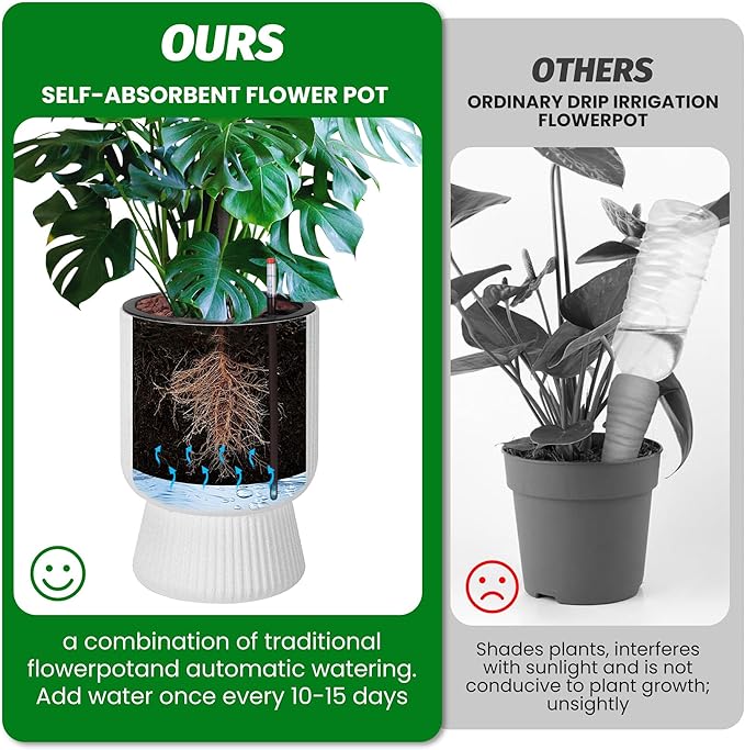 14.2" Tall Planters Set of 2, Large Indoor/Outdoor Self-Watering Plant Pots with Drainage, Water Level Monitor & Wheels, Flower Pots for Patio, Porch, Living Room, Home Office