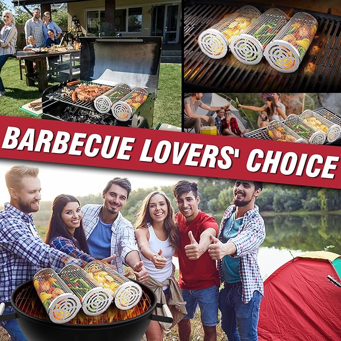 Rolling Grilling Basket Veggies Grill Accessories Bbq Net Tube Tools Set Barbecue Cage Outdoor Flat Top Pellet Electric Camping Cooking Picnic Gear Must Haves Essentials Gadgets Basket for Vegetable