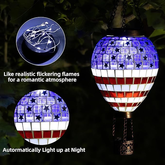 VOREEN American Flag Hot Air Balloon Solar Lantern, Handmade Mosaic Outdoor Hanging Wind Light, IP44 Waterproof, Patio Decorations, Gift for Mom Wife Friend, Patriotic Theme, 4th of July Decor