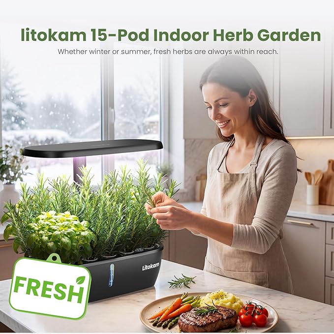 litokam Hydroponics Growing System Kit, 15 Pods Indoor Herb Garden with Smart APP & Quiet Pump, 24W LED Light, Auto Timer, Perfect Indoor Garden for Herbs, Vegetables & Flowers, Ideal for Plant Lovers