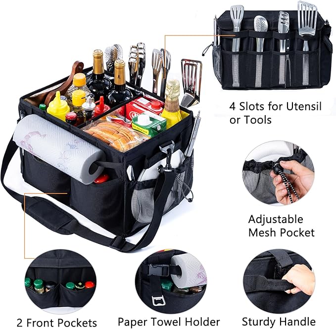 FRECOLSH Large Grill Caddy with Lid – BBQ Organizer for Camping, Tailgating, RV, Boating – Grilling Gifts for Men – Collapsible Griddle Tote Bag with Shoulder Strap – Outdoor Essentials