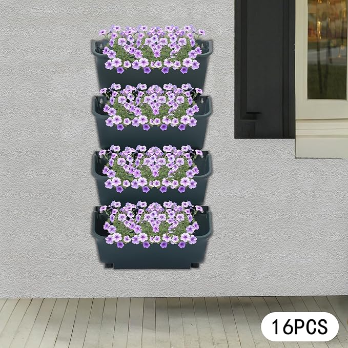 Self Watering Outdoor Wall Mounted Planter Vertical Garden with 16 Pockets Plastic Plant Grow Pots for Hanging Flower Herbs Vegetables Home Indoor Outdoor Green