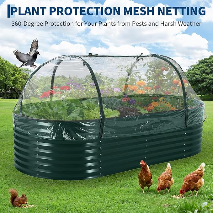 Galvanized Raised Garden Bed Kit with Cover Heavy-Duty Modular Metal Planter Raised Beds for Vegetables with Tool-Assisted Simple Assembly, Reinforced Panels & Optimal Drainage