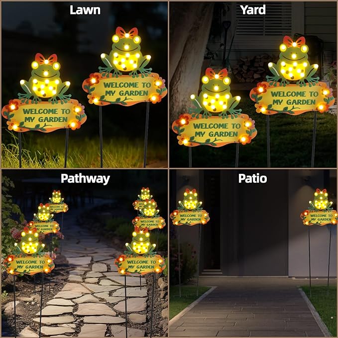 Frog Solar Lights Outdoor Garden 43.7" with 18 Bulbs Solar Powered String Lights, Large Welcome to My Garden Green Yard Stakes for Pathway, Lawn, Patio, Outdoor Decor