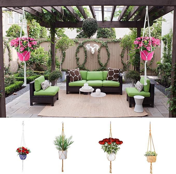 Macrame Plant Hangers Planter Flower Pots Holder 3 Pack Basket Stand Tassels with 6 Hooks Kit Cotton Rope for Decorative Indoor Outdoor Patio Garden Boho Home Décor (POTS NOT Included) (WHITE)