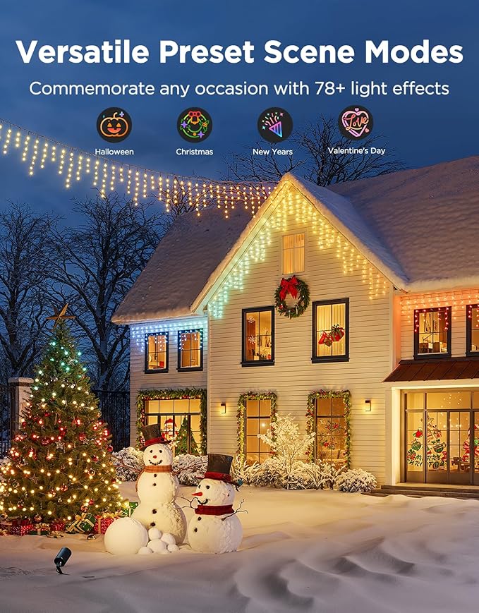 Govee Icicle Lights, Smart RGBIC Christmas Lights for Outside, 33ft with 400 LEDs Icicle Light Outdoor, IP67 Waterproof, Music Sync, Voice Control, 78+ Scene Modes for Christmas Decor