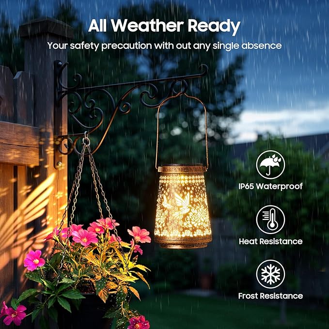 4 Pack Solar Lanterns Outdoor Waterproof Birthday Gifts for Women Mom Grandma, Hollowed-Out Metal Hummingbird Hanging Solar Lantern Lights Outdoor Decor, 2 Modes Lights Decor for Yard, Patio