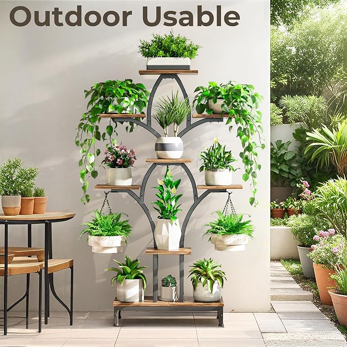 Plant Stand Indoor with 4 Grow Lights - 63" Tall Plant Shelf- 8 Tiered Corner Plant Flower Stands Display Shelves for Home, Patio (Brown)