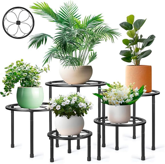 5 Pack Metal Plant Stand, Anti-Rust Iron Plant Stands for Indoor and Outdoor, Heavy Duty Flower Pot Stands for Multiple Plant, Black Potted Plant Holder for Garden Home (5 Pack Black)