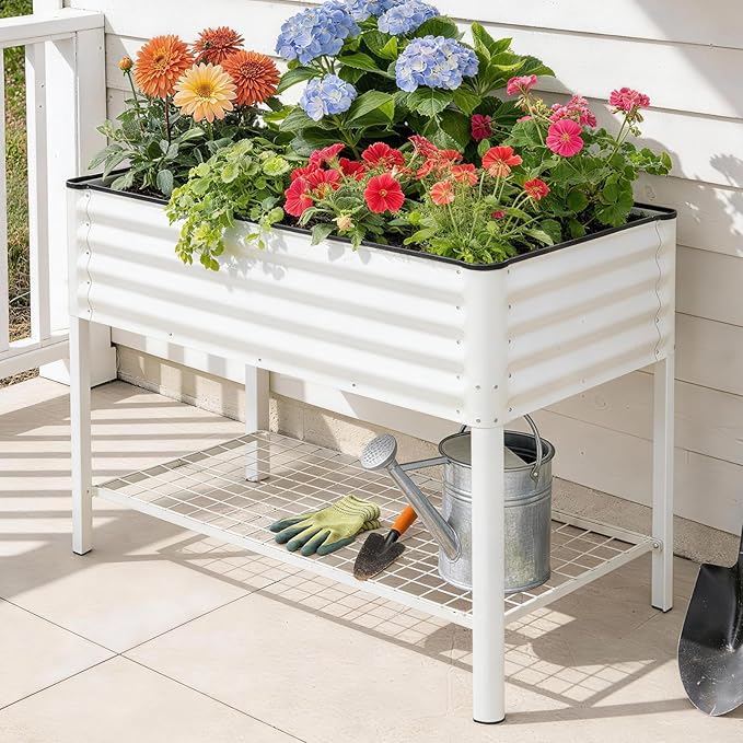 STBoo Elevated Raised Garden Bed with Legs and Wheels- 48''x24''x32'' Galvanized Metal Standing Planter Boxes Outdoor with Bottom Storage Shelf for Backyard, Patio, Balcony, Vegetables, Flowers, White