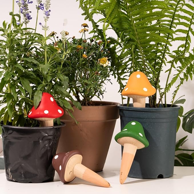 FirstGift 4 Pack Plant Self-Watering Stakes Terracotta Automatic Plant Waterer Devices Watering Globes Self-Watering Clay Planters Devices Perfect for Vacation Garden Plant Care (Mushroom)