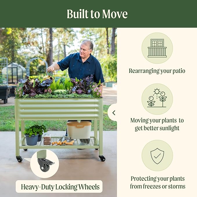 Rolling Elevated Raised Garden Bed-V Series, 2' x 4' Garden Beds with Legs & Storage Rack for Patio & Porch, 700 Lbs Weight Capacity, Outdoor Planter Box for Vegetables Flower Herbs, Olive Green