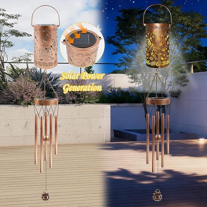 Dragonfly Solar Wind Chimes for Outside, Dragonfly Gifts Solar Lantern Wind Chimes, Garden Decorative Hanging Lights for Patio Porch Yard Lawn Decor