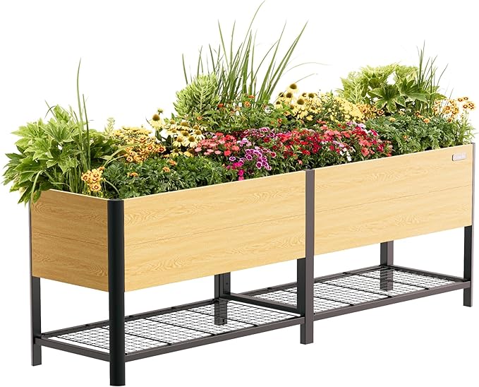 Raised Garden Bed with Legs, 2' x 8' Metal Woodgrain Elevated Outdoor Planters Boxes with Storage Rack for Patio, 1800 lbs Weight Capacity, Raised Beds for Gardening Herb Flowers Vegetables