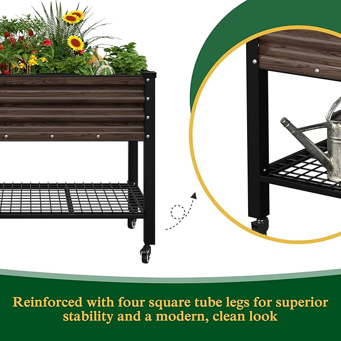 MUPATER 48" L x 24" W x 34" H Galvanized Steel Raised Garden Bed, 507lbs Capacity Large Metal Elevated Raised Planter Box with Rolling Casters & Extra Bottom Shelf for Patio, Balcony, Rustic