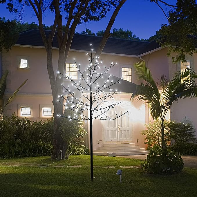 LED Solar Lighted Cherry Blossom Tree,6Ft Light up Cherry Tree Outdoor with 200 Crystal Flower Detachable for Pathway Porch Yard Patio Garden Decor Holiday Decorations Christmas Easter Pure White