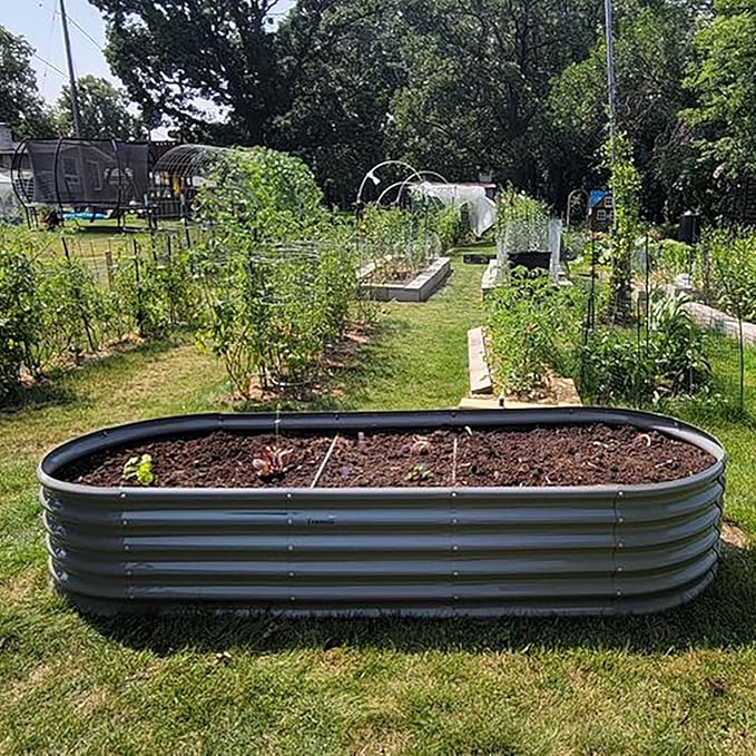 6 Pack 8x3x1.5FT Galvanized Raised Garden Bed Kit Oval Metal Ground Planter Box Outdoor Bottomless Planter Raised Beds for Vegetables Flowers Herbs Fruits, Gray