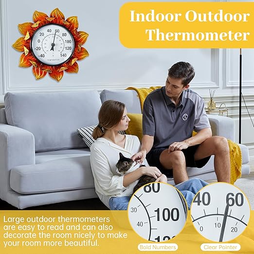 Sunflower Wall-Mounted Outdoor Thermometers, 11 Inch Indoor Outdoor Thermometer Decorative for Patio, Living Room,Wine Cellar, Garden Home Decor, No Batteries Required