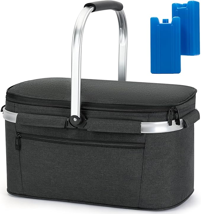 ALLCAMP Picnic Basket - 2 Ice Box Included 32L Insulated Cooler, Thickening Foldable Picnic Basket with Removable Baskets & Sewn-in Frame, Basket for House Warming Gifts New Home(Black)