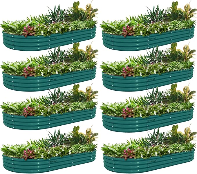 8 Pack 6x3x1FT Galvanized Raised Garden Bed Kit Oval Metal Ground Planter Box Outdoor Bottomless Planter Raised Beds for Vegetables Flowers Herbs Fruits, Green