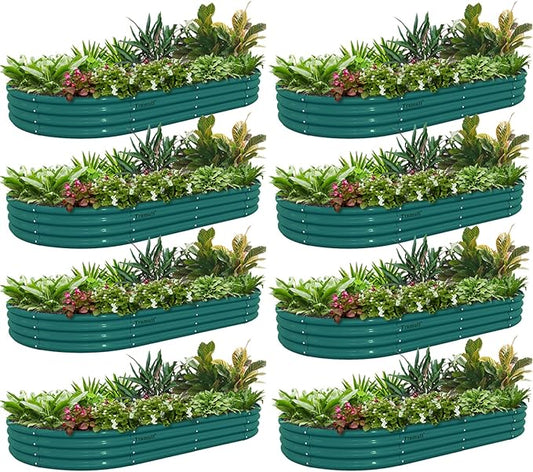 8 Pack 6x3x1FT Galvanized Raised Garden Bed Kit Oval Metal Ground Planter Box Outdoor Bottomless Planter Raised Beds for Vegetables Flowers Herbs Fruits, Green