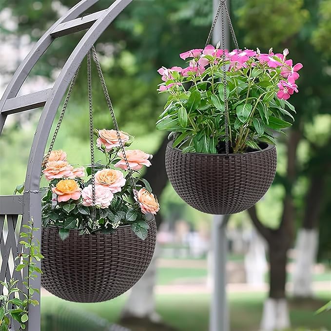 13.5 inch 2Pack Large Hanging Planters for Outdoor/Indoor Plants, Self Watering Hanging Pot with Water Level Indicato, Drainage Holes and Chain for Garden Porch, Brown