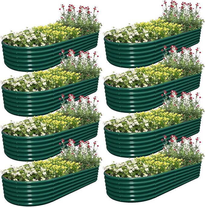 8 Pack 8x3x1.5FT Galvanized Raised Garden Bed Kit Oval Metal Ground Planter Box Outdoor Bottomless Planter Raised Beds for Vegetables Flowers Herbs Fruits, Green