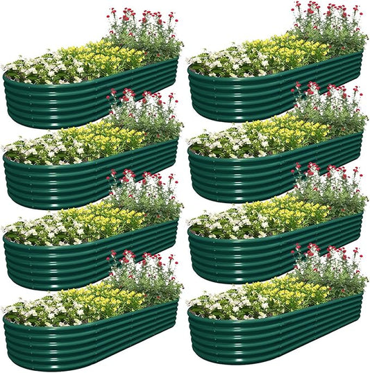 8 Pack 8x3x1.5FT Galvanized Raised Garden Bed Kit Oval Metal Ground Planter Box Outdoor Bottomless Planter Raised Beds for Vegetables Flowers Herbs Fruits, Green