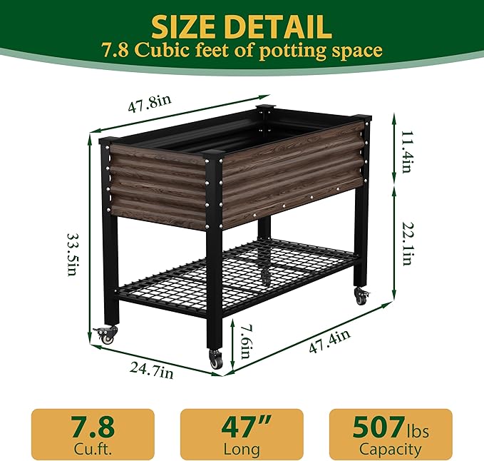 BlueWish 48" W x 24" D x 34" H Outdoor Galvanized Garden Bed, Elevate Raised Bed with Detachable Black Liner, Rolling Casters, Storage Shelf, Planter Boxes for Gardening, Vegetable, Flower, Rustic