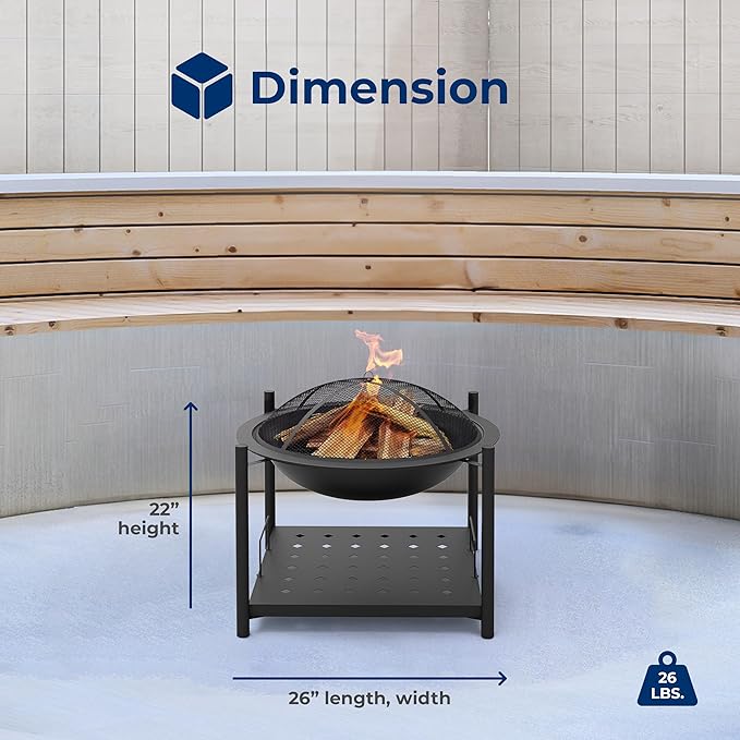 SereneLife Portable Outdoor Fire Pit - 2-in-1 Steel BBQ Grill and 26" Wood Burning Fire Pit Bowl with Mesh Spark Screen, Log Grate, Fire Poker, and Cover for Camping, Picnic, Bonfires
