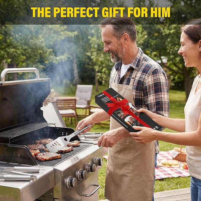 Yekale BBQ Grill Accessories Set, Grill Tools Grilling Accessories Grilling Gifts for Men - Spatula, Fork, Brush, Tongs & Cleaning Brush - Outdoor Barbecue Utensils Gifts for Men Dad Him (Sliver)