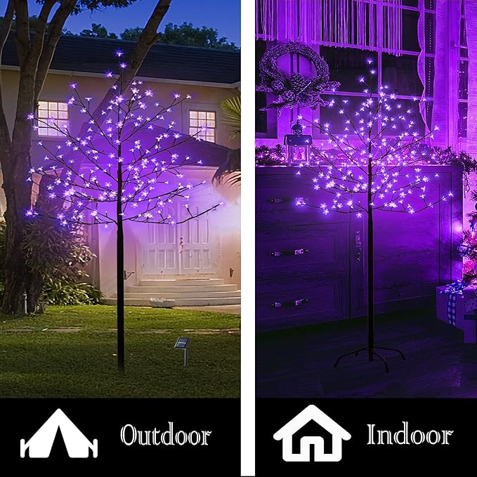 LED Solar Lighted Cherry Blossom Tree,6Ft Light up Cherry Tree Outdoor with 200 Crystal Flower Detachable for Pathway Porch Yard Patio Garden Decor Holiday Decorations Christmas Easter Purple Glow