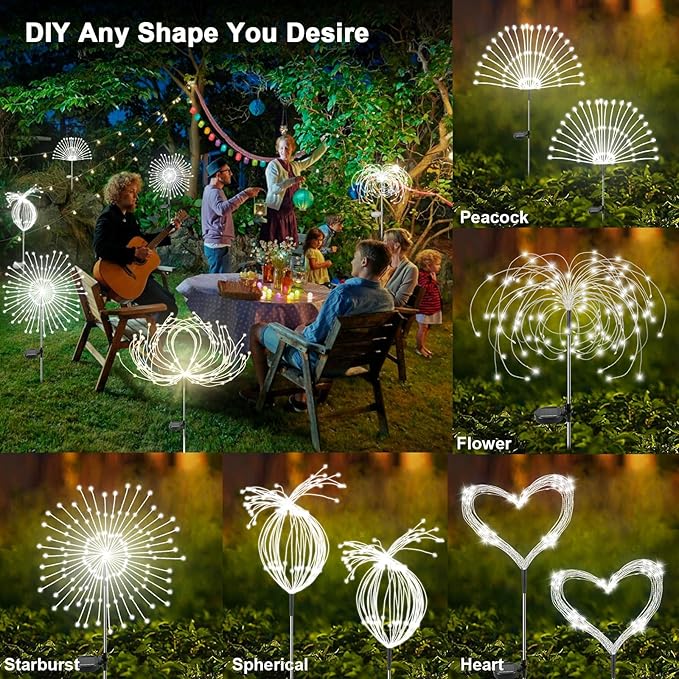 Solar Garden Lights Outdoor, 4 Pack 120 LED Twinkling Firework Lights Decorative with 2 Modes, Outdoor Waterproof Solar Starburst Light for Outside Yard Pathway Garden Decor, White