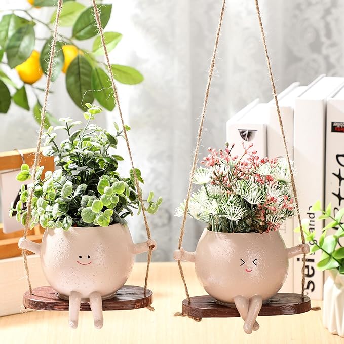 Suclain 2 Pcs Swinging Planter Pots Funny Planters Hanging Cute Planters for Women Gift Indoor Outdoor Resin Smile Faces with Drainage Holes Succulent Pot String of Pearls Plant Flower
