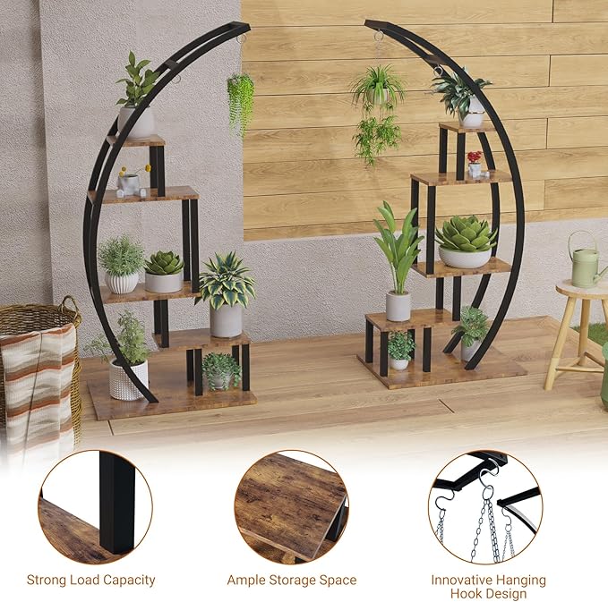 CABIHOME 5-Tier Tall Metal Indoor Plant Stand - Half-Moon Garden Plant Holder w/ 4 Hanging Hooks - Round Flower Shelf Rack for Home, Balcony, Living Room & Garden Decor