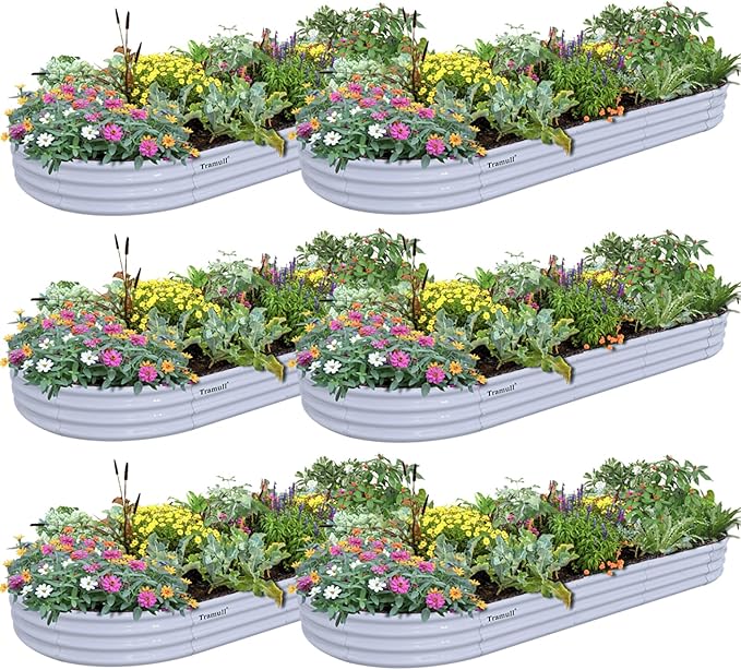 6 Pack 8x3x1FT Galvanized Raised Garden Bed Kit Oval Metal Ground Planter Box Outdoor Bottomless Planter Raised Beds for Vegetables Flowers Herbs Fruits, Gray
