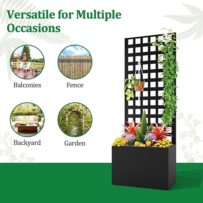 Metal Raised Garden Bed with Trellis, 2 in 1 Trellis with Planter Box & Privacy Screen for Climbing Plants, Vine, Outdoor Standing Flower Beds with Drainage Holes, 23.6" L x 11.8" W x 63" H, Black