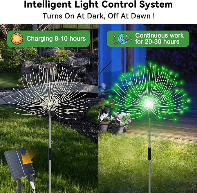 Solar Garden Lights Outdoor Waterproof, 4 Pack Total 480 LED Solar Firework Lights Decorative with 8 Lighting Modes Outside for Yard Pathway Flowerbed Decor, Green