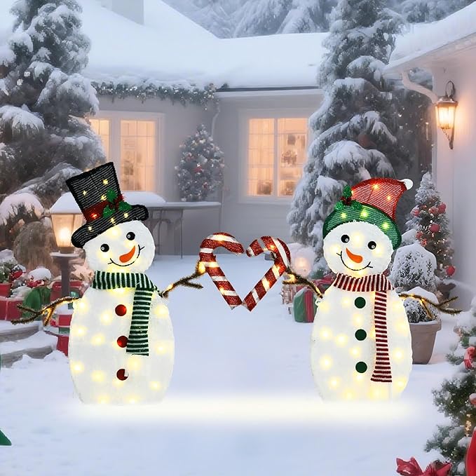 32" H Snowman Lighgts Outdoor Christmas Decorations, 2D Pre-lit Cute Holiday Lawn Lights Decors, 80 Warm White LEDs, Flat Xmas Yard Decor, Perfect for Garden, Driveway, 2-Piece Set