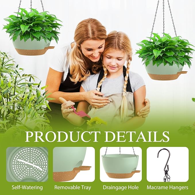12 Inch Hanging Baskets 2 PC with Chains, Self-Watering Hanging Planters for Indoor Outdoor Plants, Plastic Hanging Flower Pots,Green Brown