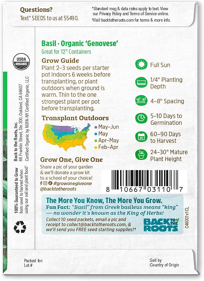 Back to The Roots 100% Organic Heirloom Seeds - Sweet Basil Value Pack (600mg Total)