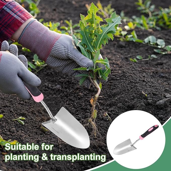 HARFINGTON 2pcs Garden Hand Shovels 13.23 x 3.39 Stainless Steel Transplanting Trowel with Handle Garden Tools for Gardening Weeding Planting, Pink
