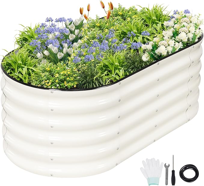 Permade Galvanized Raised Garden Bed - 4x2x1.4FT Metal Planter Boxes Outdoor | Oval Steel Raised Bed Kit for Gardening with Protective Tape, Gloves for Vegetables, Flower, Herb (White)