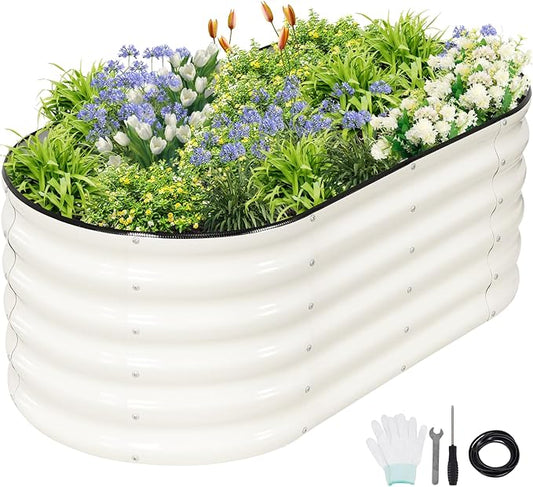 Permade Galvanized Raised Garden Bed - 4x2x1.4FT Metal Planter Boxes Outdoor | Oval Steel Raised Bed Kit for Gardening with Protective Tape, Gloves for Vegetables, Flower, Herb (White)